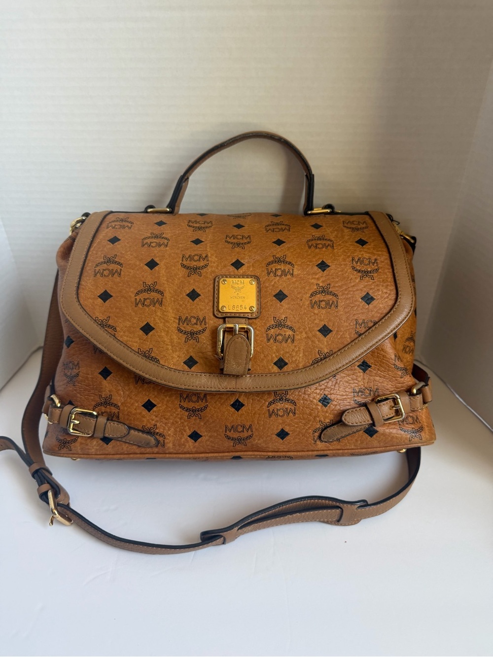 MCM Cognac Visetos Monogram 2way Satchel with Gold Hardware